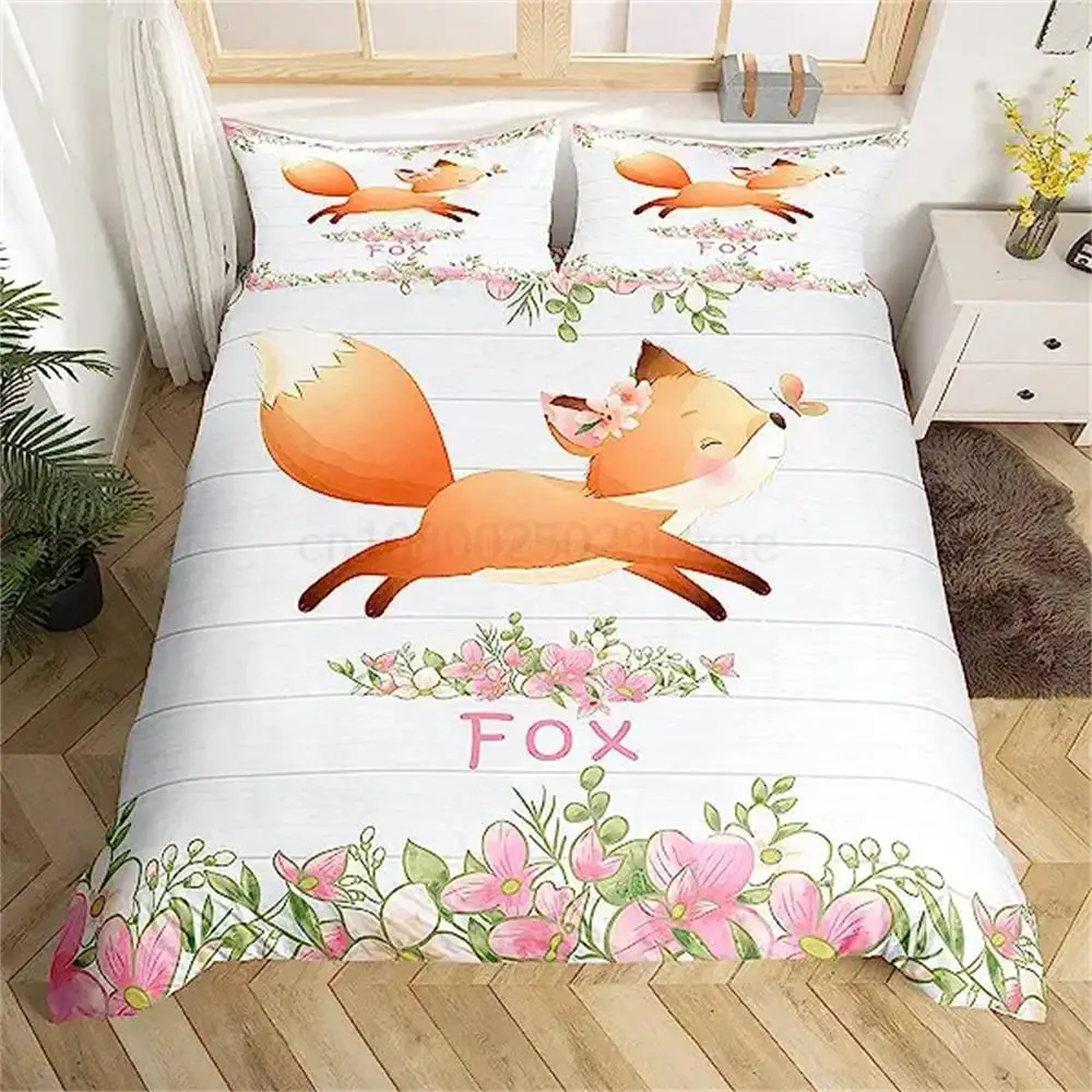 Cartoon Fox Duvet Cover Cute Fox Bedding Set for Kids Boys Girls Bedroom Decoration Kawaii Wild Animal Comforter Cover Floral