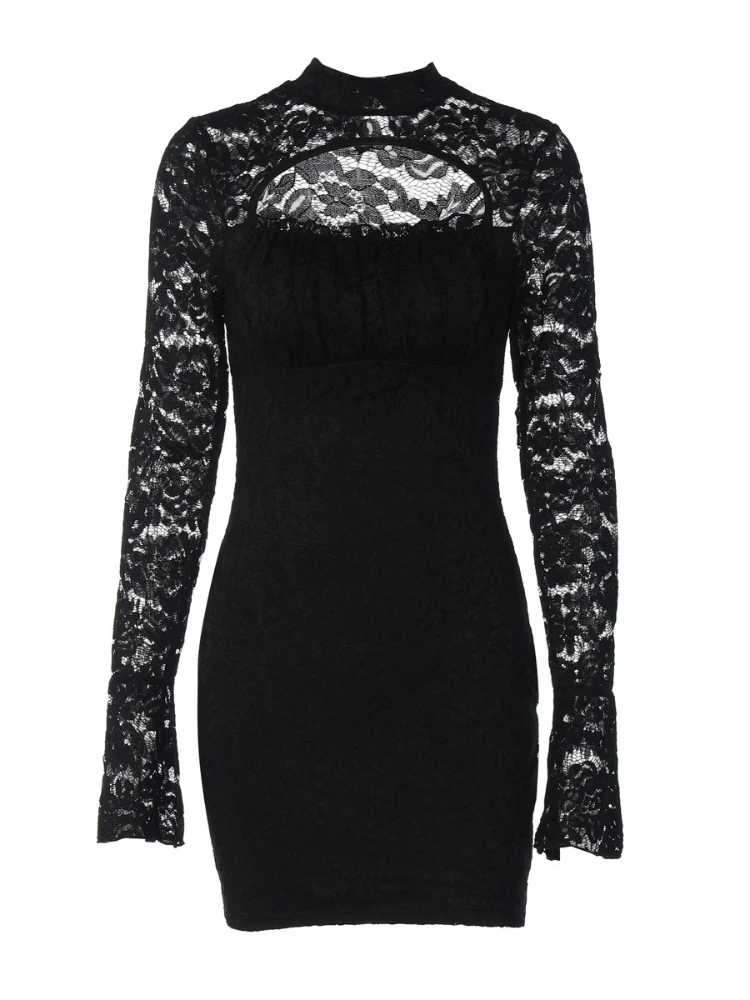 SsTss sexy kanten damesjurk, elegant, opstaande kraag, uitgehold, lange mouwen, met uitgesneden details, ingerichte mini-feestjurk 2025, herfst