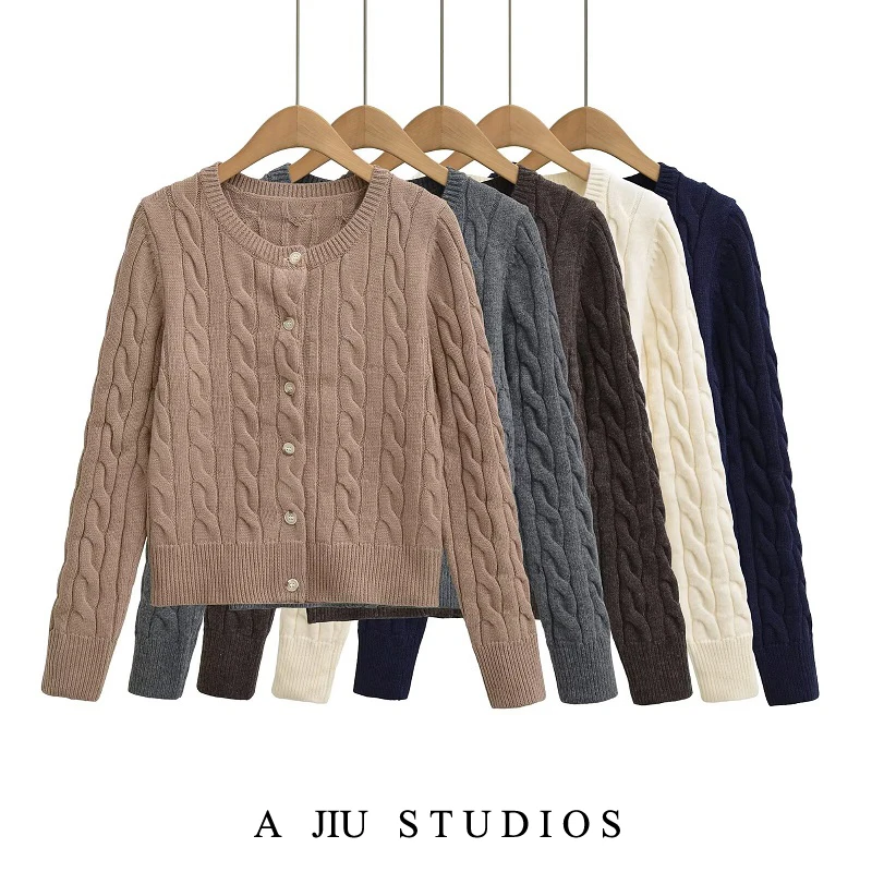 

Loose Long Sve Knitted Open Cardigan Women's Vintage Indigo Winter New Sle Button Slimming Outerwear Sweater Casual Sle