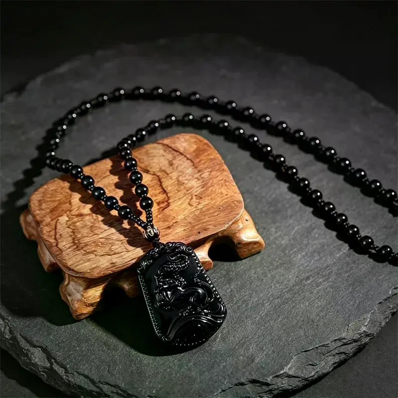 Twelve Chinese Zodiac Signs Retro Style Men Necklace Imitation Obsidian Beads Pendant Long Collar Accessories Healing Homme