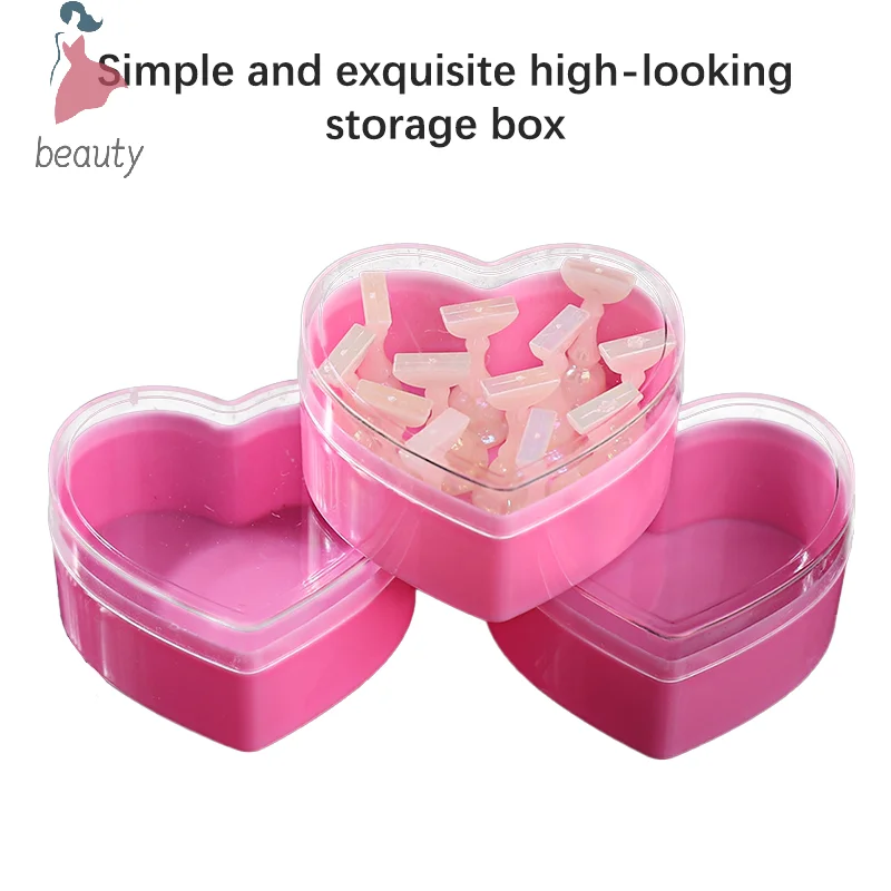 Caja de almacenamiento de joyería de uñas de plástico, estuche de almacenamiento de diamantes de imitación, forma de corazón de amor rosa con cubierta transparente, soporte organizador de Arte de uñas