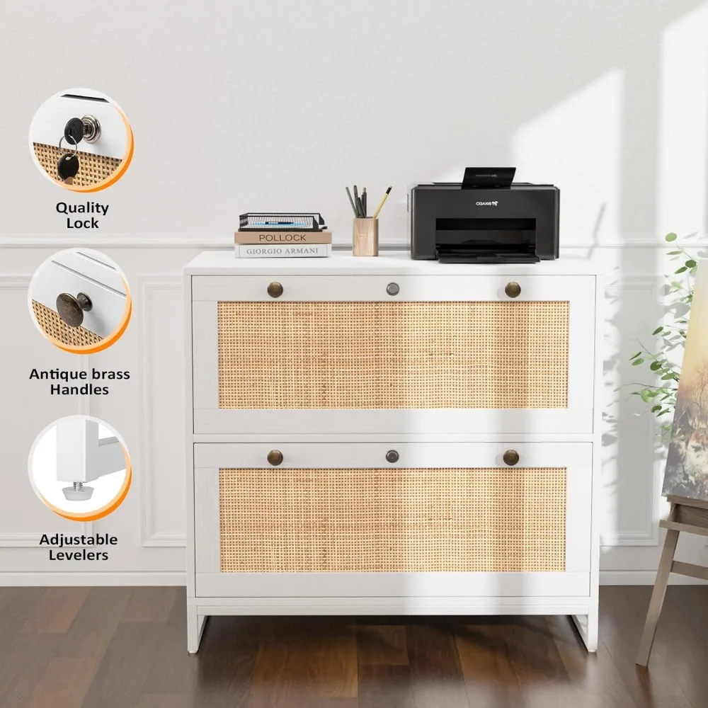 Armário branco e natural do Rattan com fechamento, Armários de arquivo para Home Office, Suporte da impressora, 2 gavetas laterais