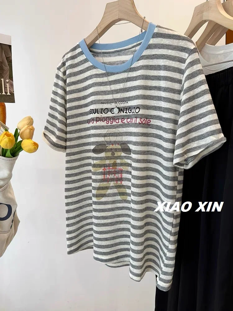 

American Retro Women's Short Sleeve T-Shirt Loose Fit round Neck Base Shirt Summer Slimming Striped Versatile Casual Cotton