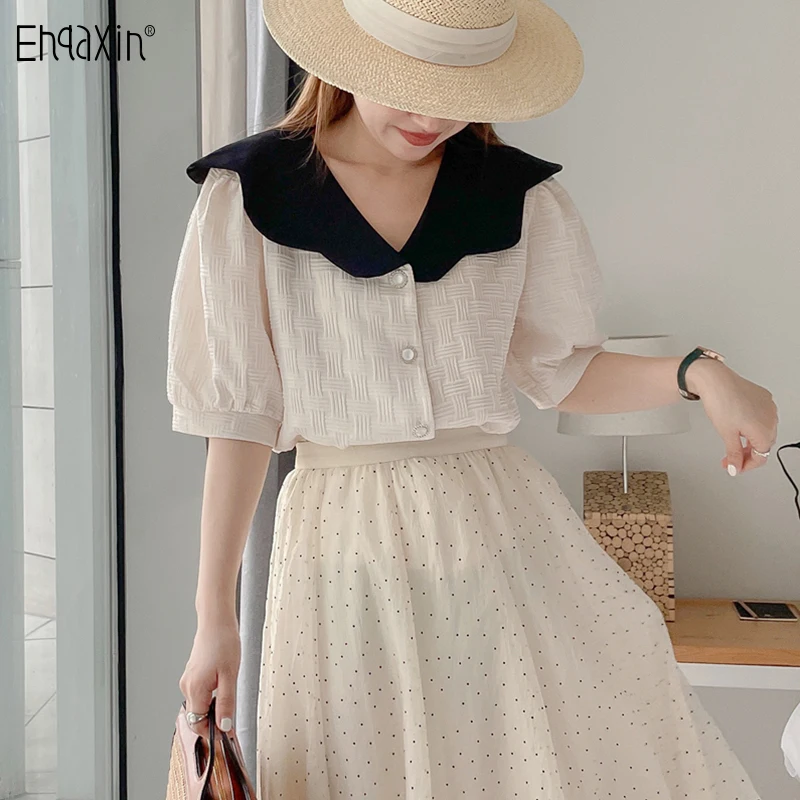 EHQAXIN 2022 Summer New Womens Shirt Fashion Korean Style French Doll Collar Button Short Sleeve Shirts Chic Style Tops One Size