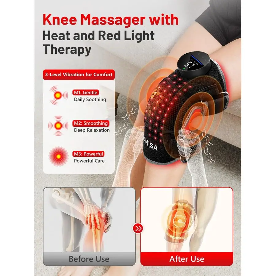 دعامة الركبة للعلاج بالضوء مع تدليك أمبير حراري، وحدة تحكم لاسلكية قابلة لإعادة الشحن، مؤقت تلقائي 20 دقيقة، 660 نانومتر أمبير 850 نانومتر بالقرب من الأشعة تحت الحمراء