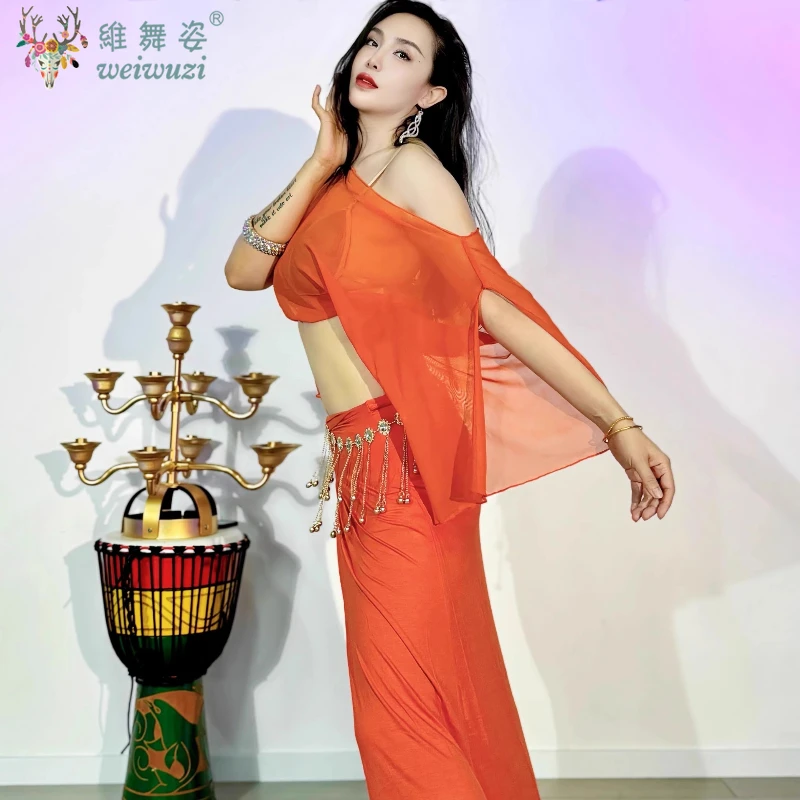 ベリーダンス衣装女性のための半袖トップ + ロングスカート 2 個ベリーダンスメッシュスーツ女性オリエンタルダンスパフォーマンス衣装