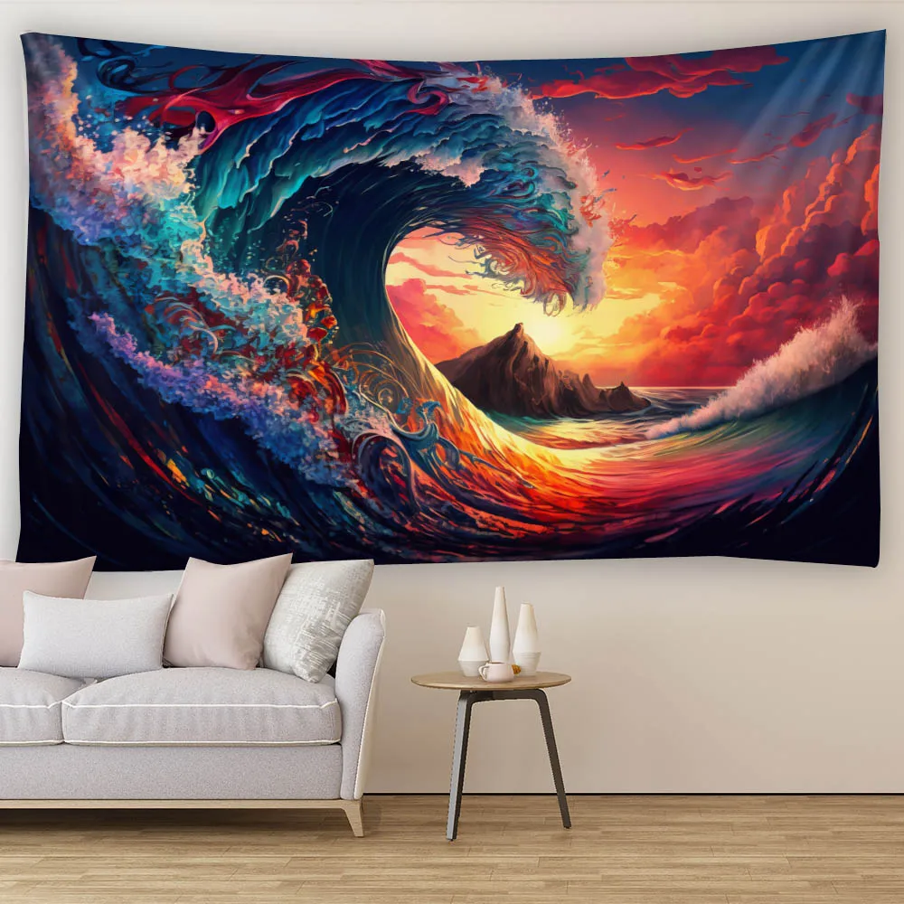 Sea Sunrise Tapestry Kanagawa Wave Printed Fabric Hanging Painting Home Bedroom Living Room Wall Hanging Poster
