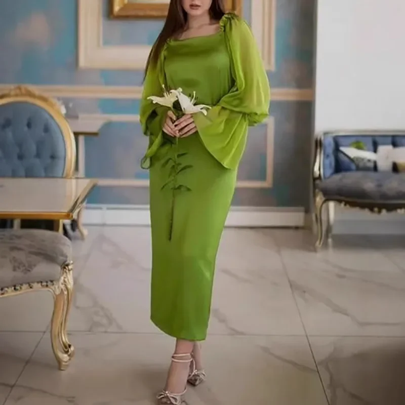 달콤한 캐주얼 스퀘어 넥 여성 롱 드레스 플레어 슬리브 하이 웨이스트 레이스업 파티 드레스 패션 가을 새틴 출근용 드레스