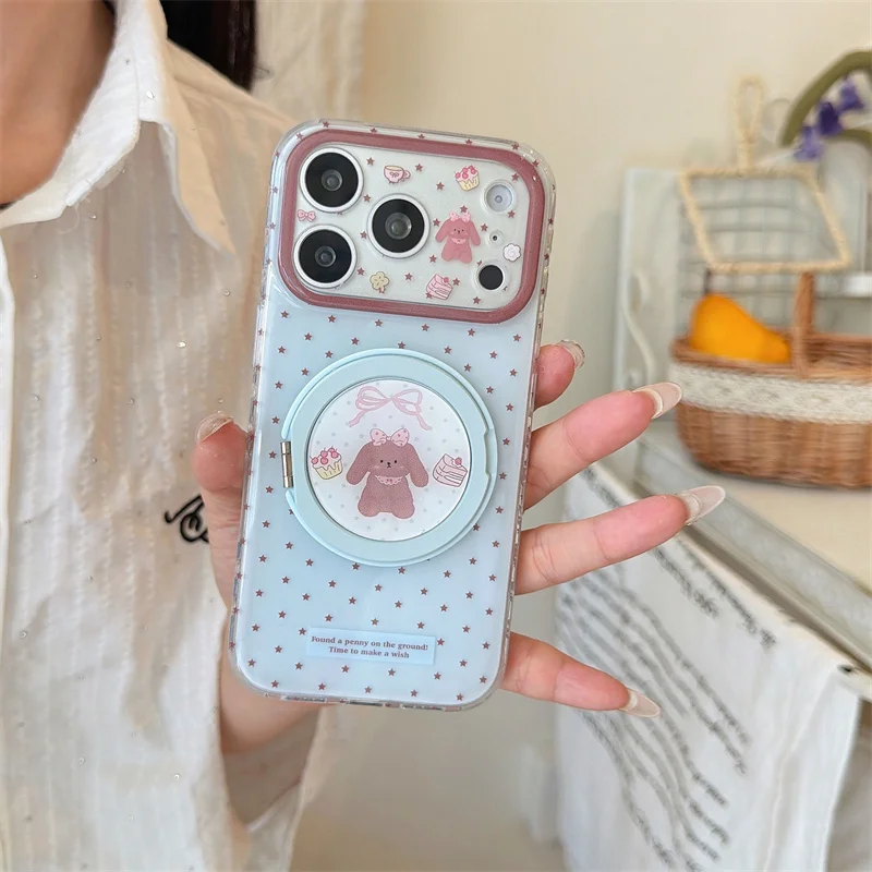 

Kawaii Pink Bunny Polka Dot Ring Stand Phone Case For iPhone 15 16 17 Pro Max INS Cute Glitter Clear Shockproof Protective Cover