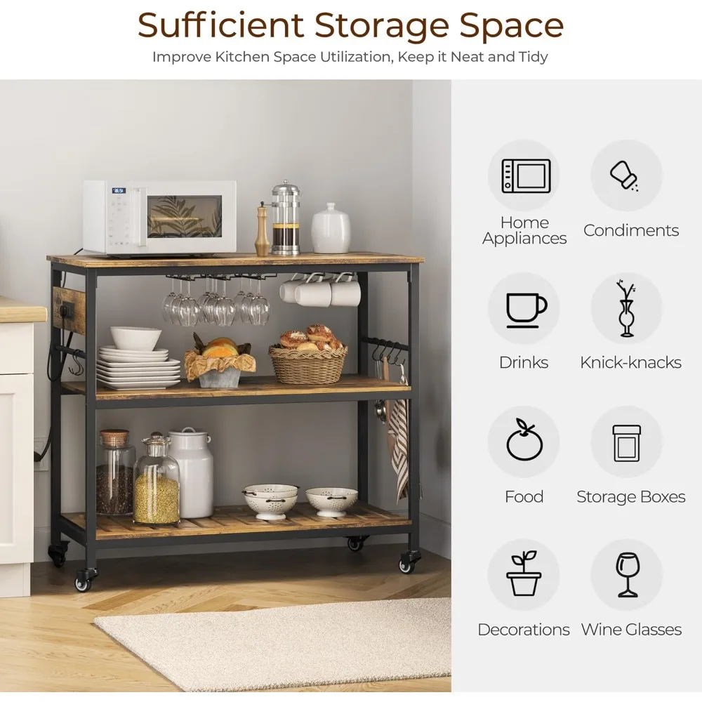 عربة مطبخ دوارة من 3 طبقات مع مساحة تخزين ومخرج طاقة، حامل ميكروويف مع وسادات طعام لتنظيم المطبخ #6