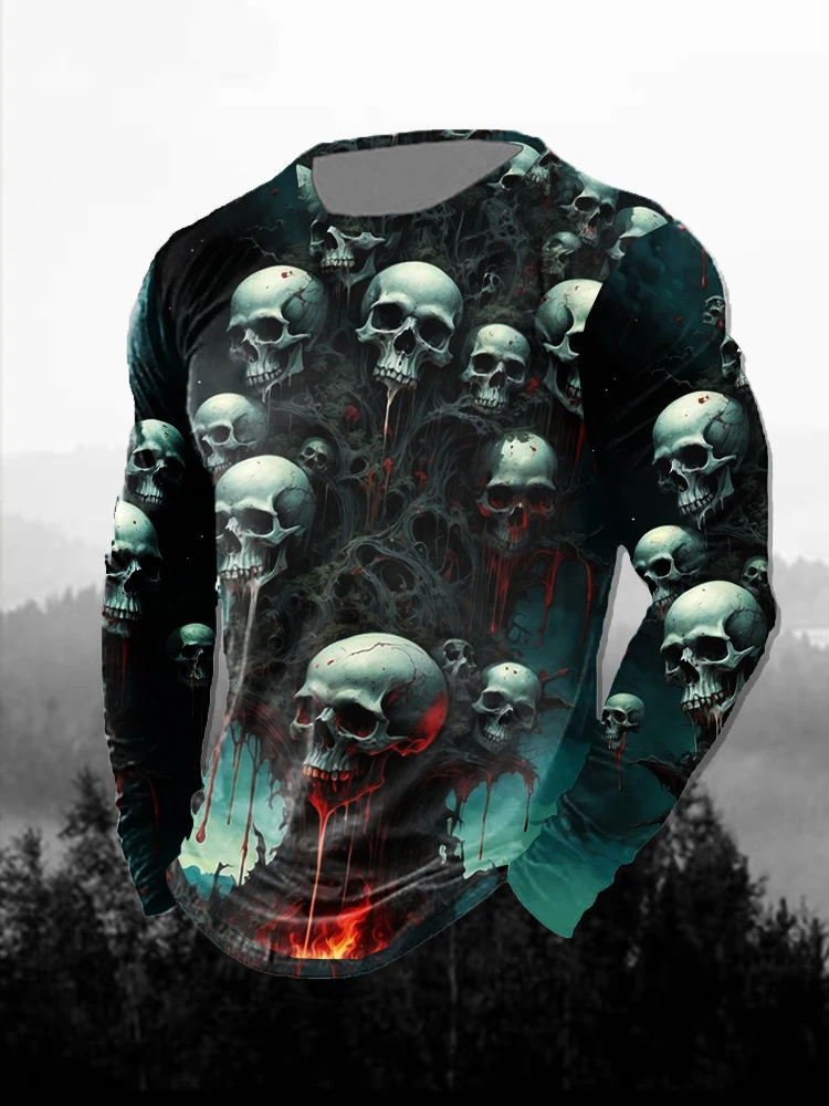 Mens Long Sleeve T- Shirt  Dark Gothic Style With Distinct Vintage Print -Halloween Design Trend-Setting Tee for Stylish Men