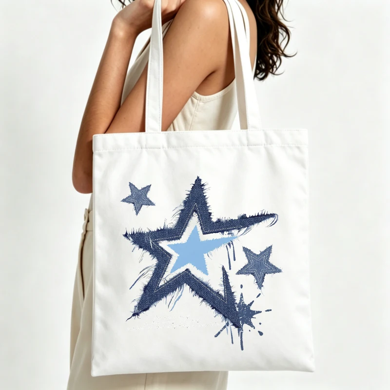 star graphic canvas tote bag, casual style for daily shopping and summer outings