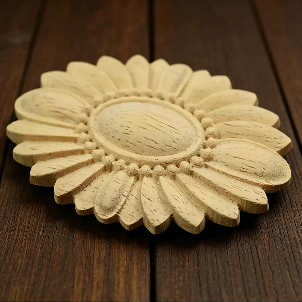 7/10/24CM Rose Wood Carving Cabinet Door Heart Flower Applique Furniture Accessories Relief Solid Elliptical Figurine Decoration