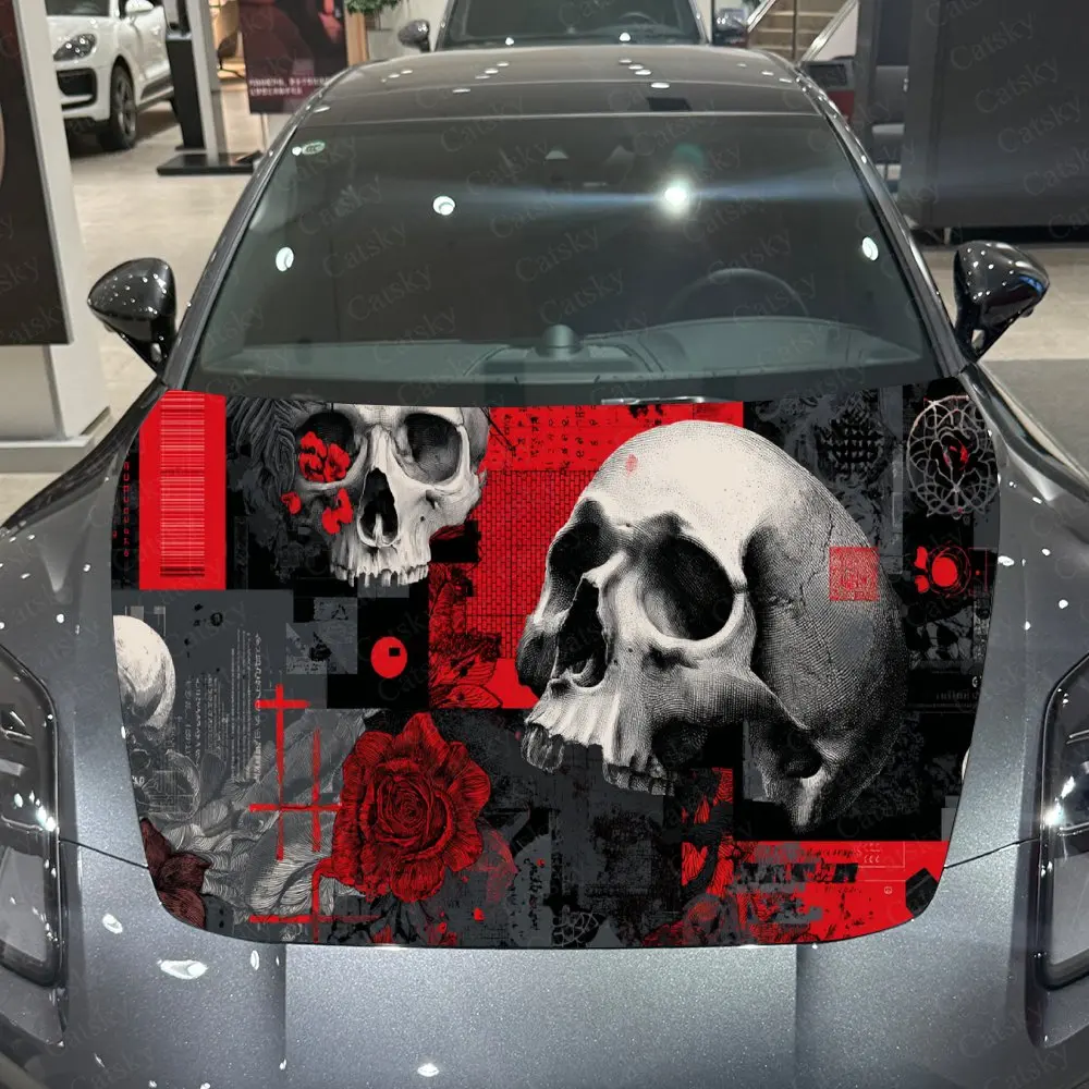 Car Decal Creative Dark Art Collage Design of Skulls with Red Accents and Floral Elements Car Hood Sticker, Waterproof Self - Ad