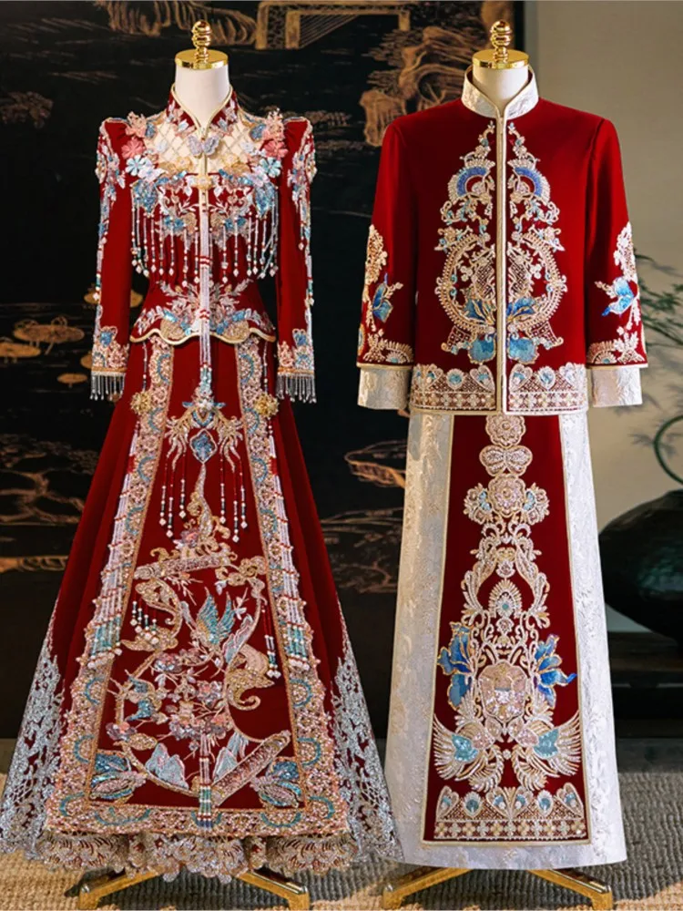 Heavy industry Chinese-style wedding gowns toasting clothes luxurious dragon and phoenix couple outfits