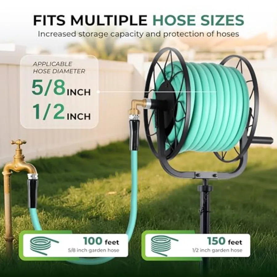 2025年式ガーデンホースリール、ヘビーデューティー屋外用ターンテーブル式ウォーターホースホルダー、100フィート5/8インチホース用、頑丈なクロスベース、高さ調整可能