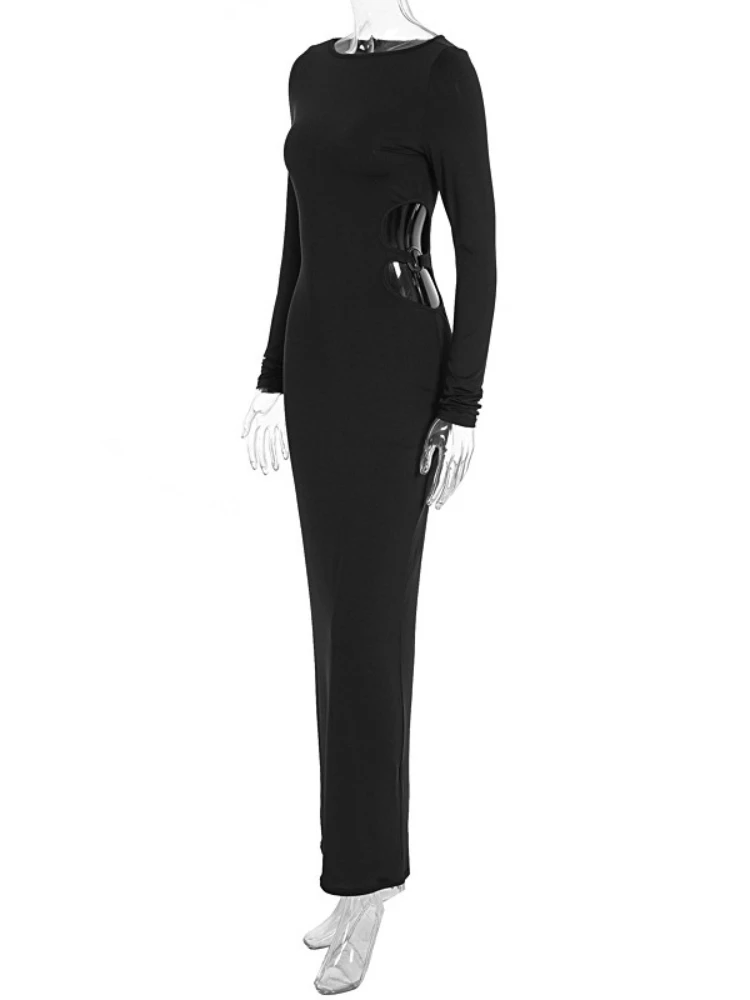 SsTss 2025 أزياء المرأة الخريف Bodycon اللباس الصلبة س الرقبة طويلة الأكمام قطع التفاصيل سليم صالح حزب ماكسي اللباس العصرية الزي