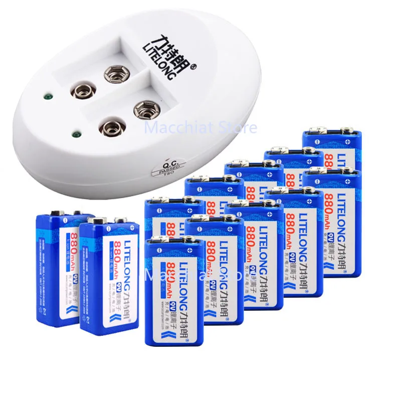 

LITELONG 6f22 Комплект аккумуляторных батарей 9 В, зарядное устройство 9 В + 12 шт. 9 В 880 мАч литиевая аккумуляторная батарея