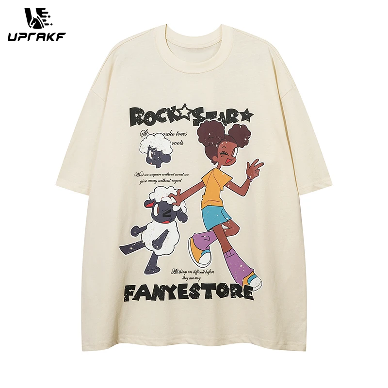 UPRAKF T Shirts Cartoon Girl Pattern Cotton Fashion Streetwear Tee Casual Oversize Crew Neck Summer High Quality Short Sleeve