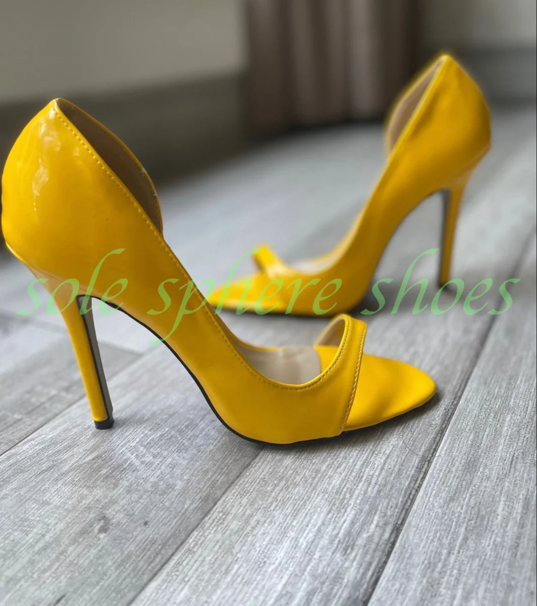 Women Bright Yellow Patent Pu Open Toe One Strap D'orsay High Heel Sandals Stiletto Heels Party Club Metallic Pu Sandals Size 46