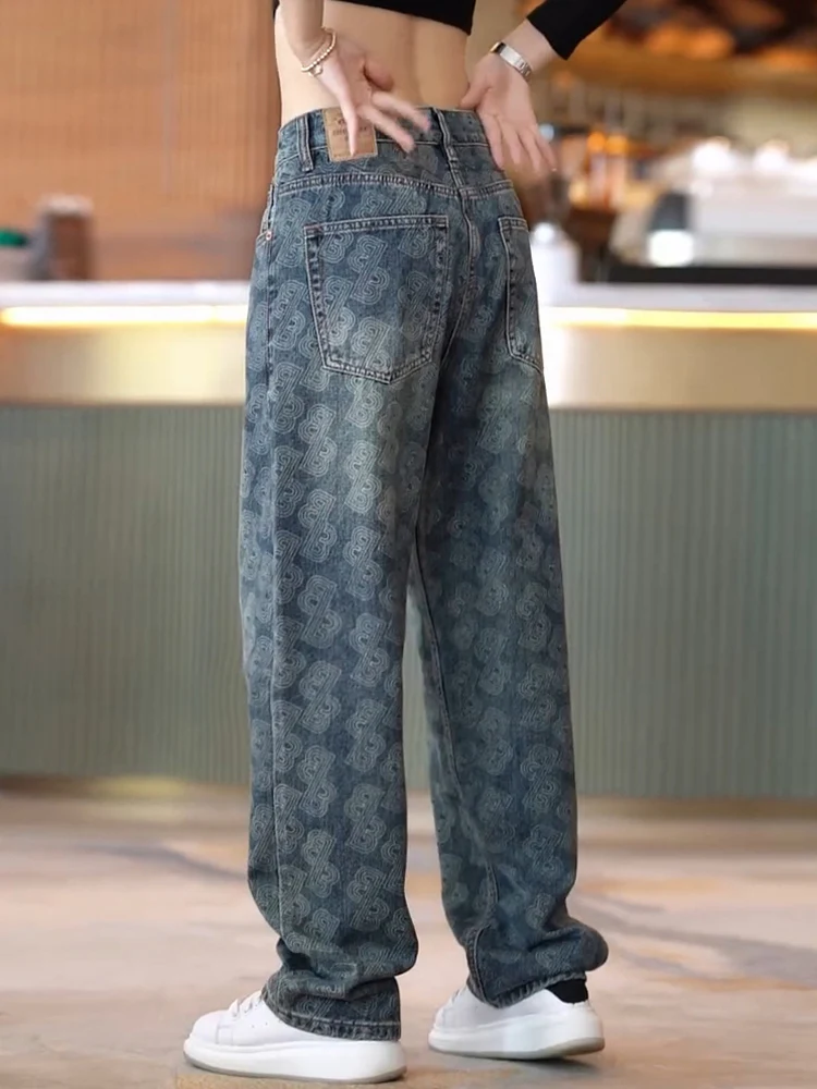 

Casual Floral Patterned Loose Fit Men's Jeans Faionable Versatile Wide Leg Pants Straight Cut Zipper mid Waist Long Trousers
