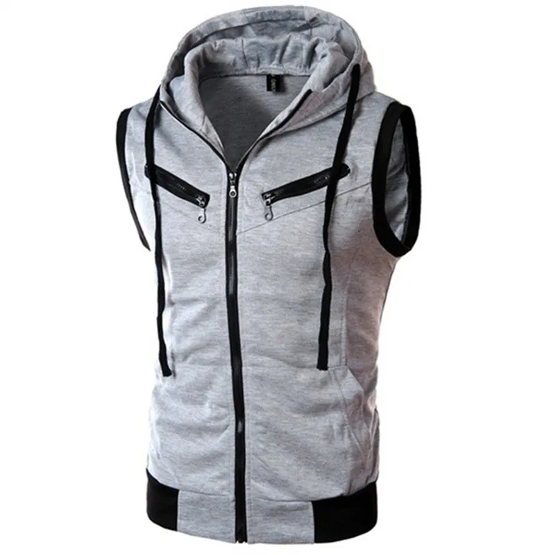 New Men's Hooded Sleeveless Vests Solid Color Slim Fit Casual Cardigan Outwear Male Vintage Waistcoat Streetwear Vest Hoodies