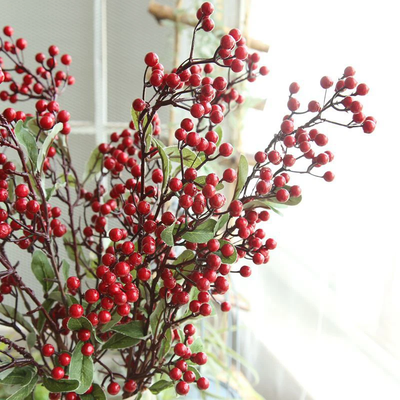 70CM Artificial Red Berries Branch Christmas Tree Ornaments Fake Holly Flowers Bouquet Foam Fruit Plant For Household DIY Decor