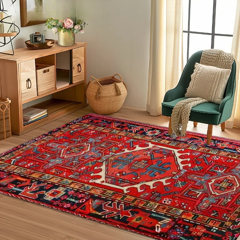 

Vintage Red Floral Totem Area Mat, Non-Slip & Machine Washable, Decor Carpet for Living Room, Bedroom, Entryway, Multiple Sizes