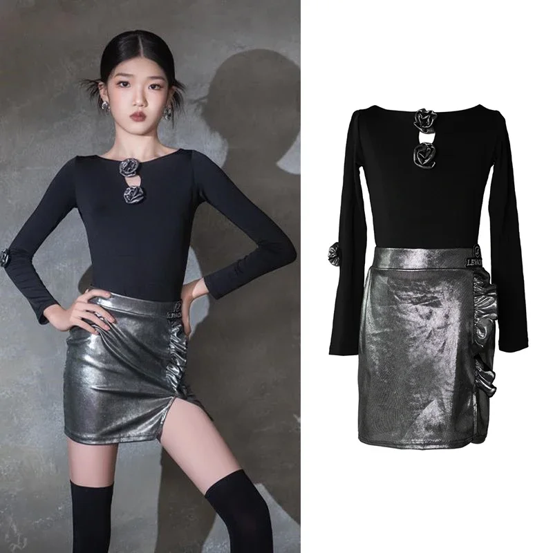 

2025 Children Latin Dance Costume Girl's Samba Tango Dancing Practice Clothes Cha Cha Waltz Long Sleeves Tops Skirt Set