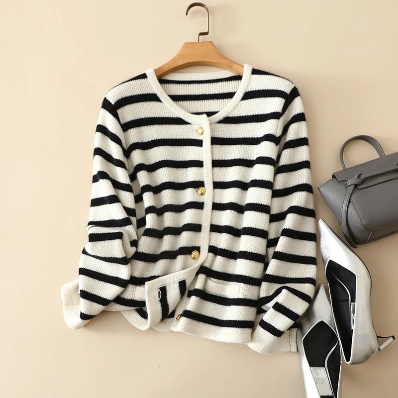 

masigoch autumn winter Northern Europe small brand trendy outerwear 7gg thick luxury 100% cashmere striped cardigan coat