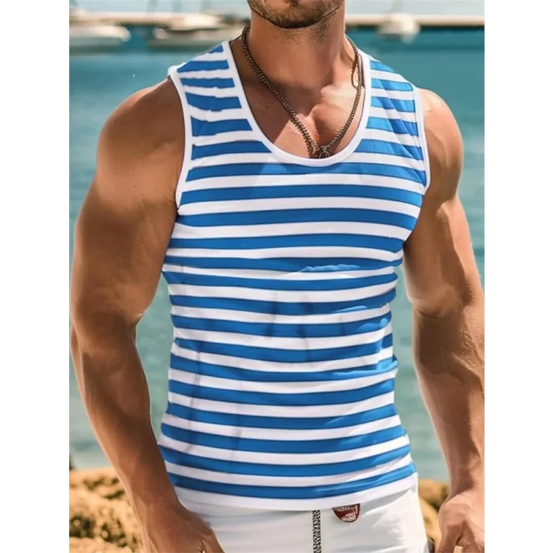 

New Outdoor Men's Striped Print Tank Top Round Neck Sleeveless Design Loose-Fit Comfortable Men's Fitness Quick-Dry T-Shirt