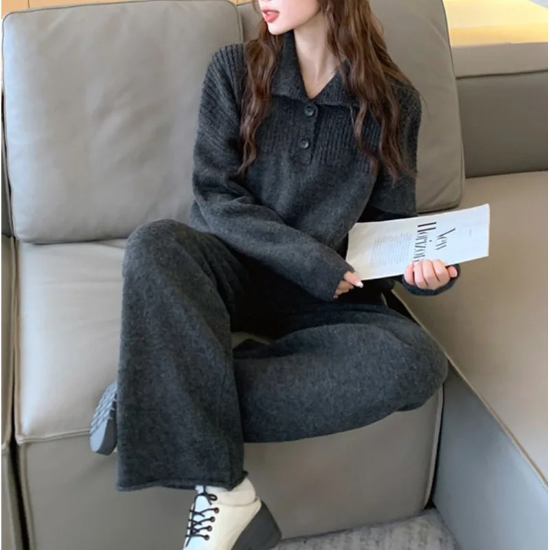 

Knitted Two-piece Set for Autumn and Winter New Style Casual Style Wide Leg Pants Pullover Sweater Set for Women E12306