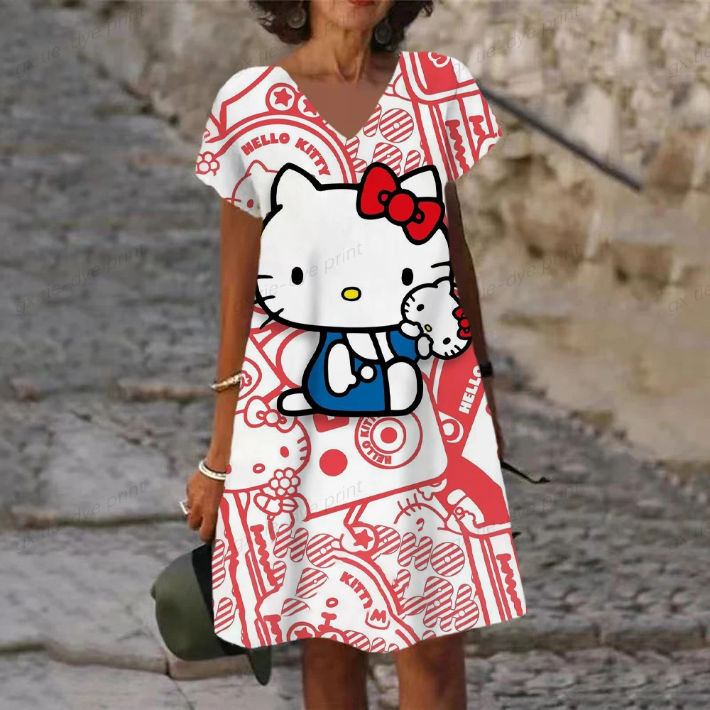 Short Sleeve Summer Women Clothing Hello Kitty print Women Dress New 2024 Large Size Loose Casual A-line Dress