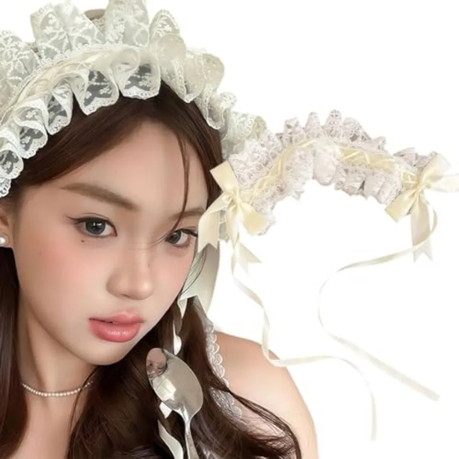 

Lolita Ruffled White Lace Headband Gothic Sweet Bowknot Vintage Headdress Hair Clips for Women Halloween Maid Princess Cosplay