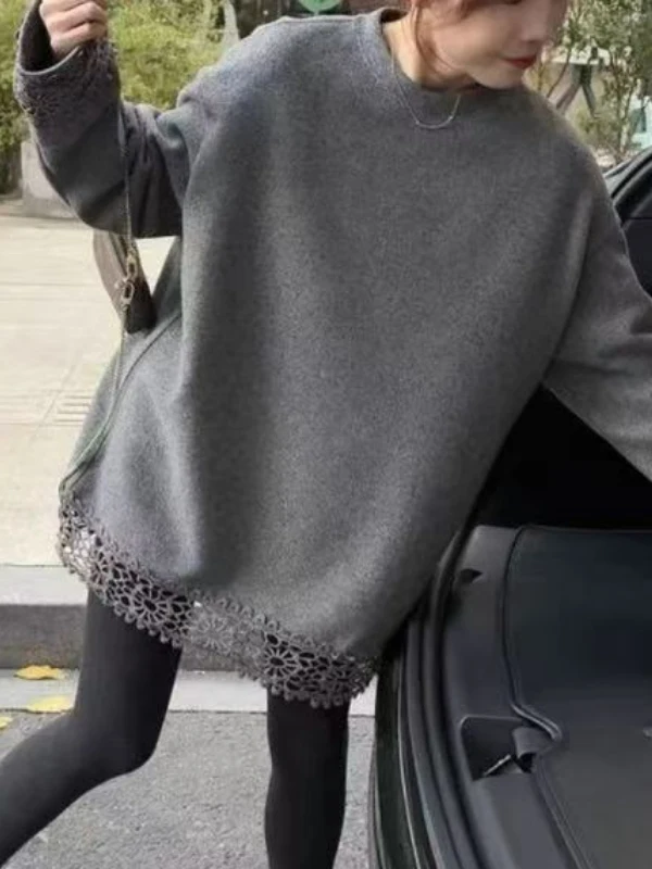 

Толстовка большого размера с кружевной вышивкой, свободная, теплая, имитация двухслойности, весенняя мода