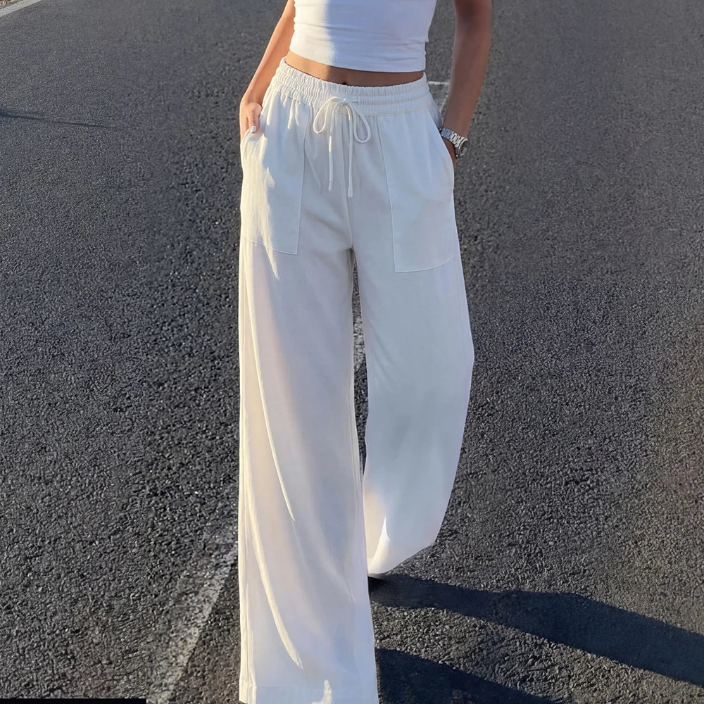 Women Linen Drawstring Straight Pants Business Office Ladies Casual Wid Leg Pants Female Loose Pants with Pocket Mujer