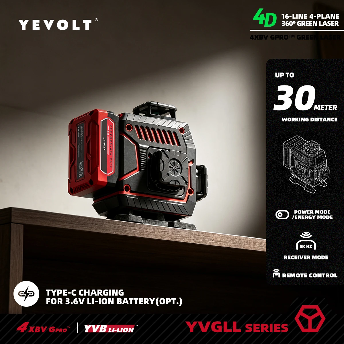 YEVOLT Laser vert 4D 16 lignes avec auto-alignement pour projets de rénovation intérieure, carrelage de douche et bordures de carrelage DIY