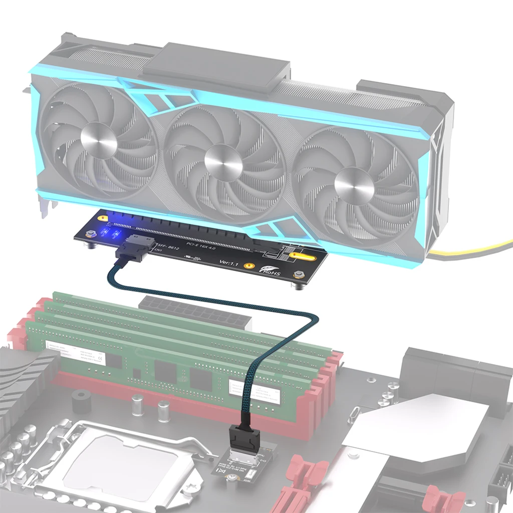 

Карта-адаптер M.2 на PCIe 4.0 с разъемом питания ATX 24Pin/6Pin, M2 2280 2230 на PCI Express X16 с кабелем OCuLink SFF-8612