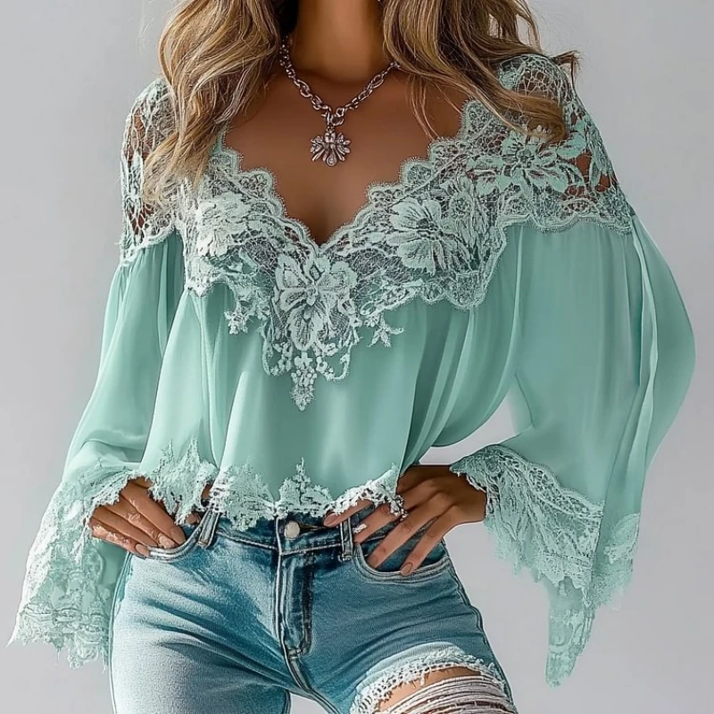 

Chic Bohemian Lace V Neck Blouse Ethnic Style Floral Print Flare Sleeves Shirts Spring Casual Lace Irregular Hem Blouse Tops