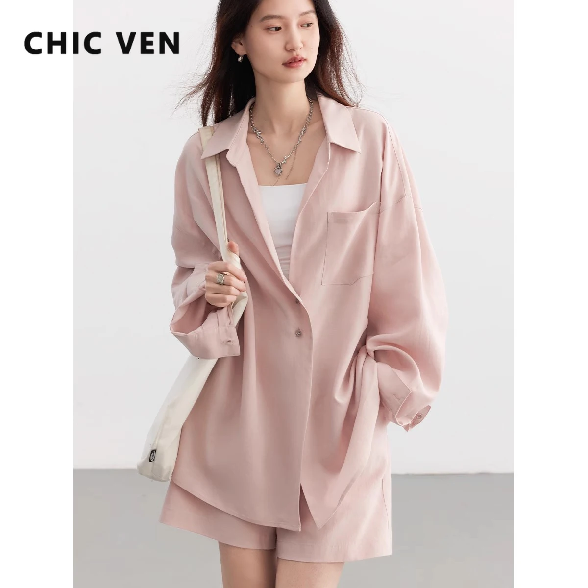 CHIC VEN Women Shirts Solid Loose Casual Linen Shirt Female Blouse Drawstring Elastic High Waisted Shorts Spring Summer 2024