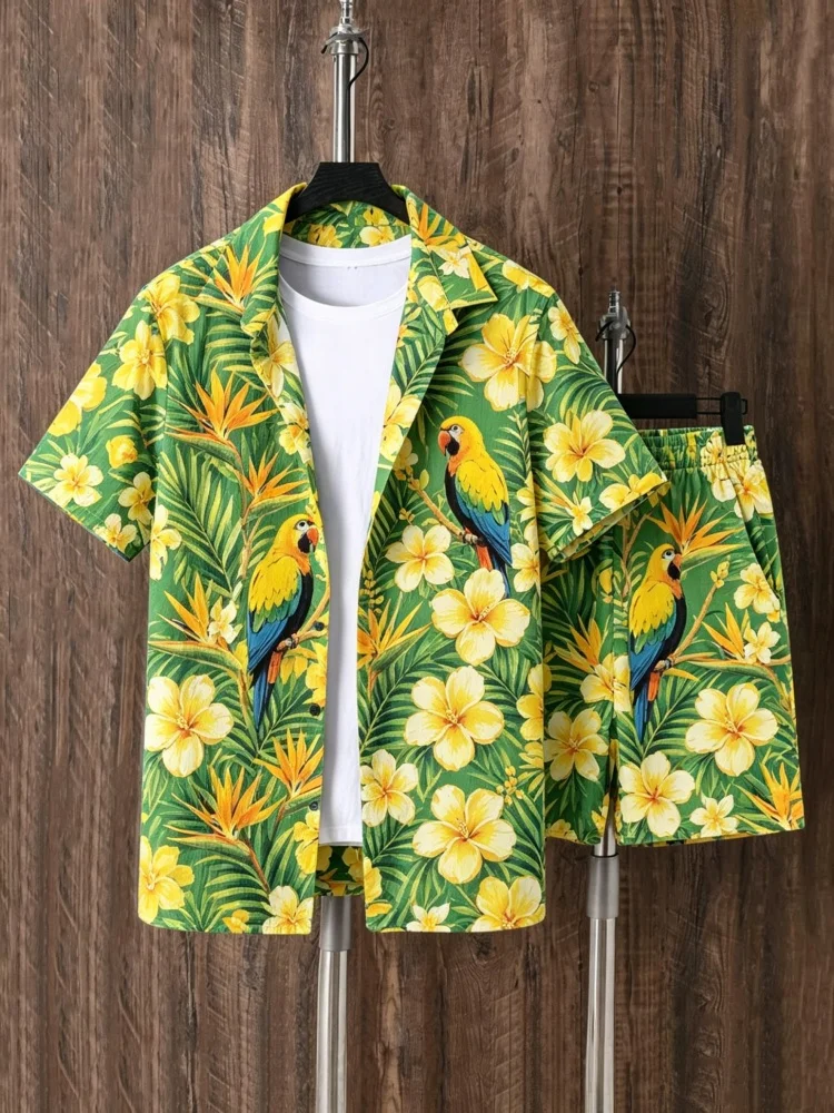 

Men's Short Sleeve Shirt & Shorts Set, Loose Comfort Tropical Parrot Floral Print Casual Summer Outfit