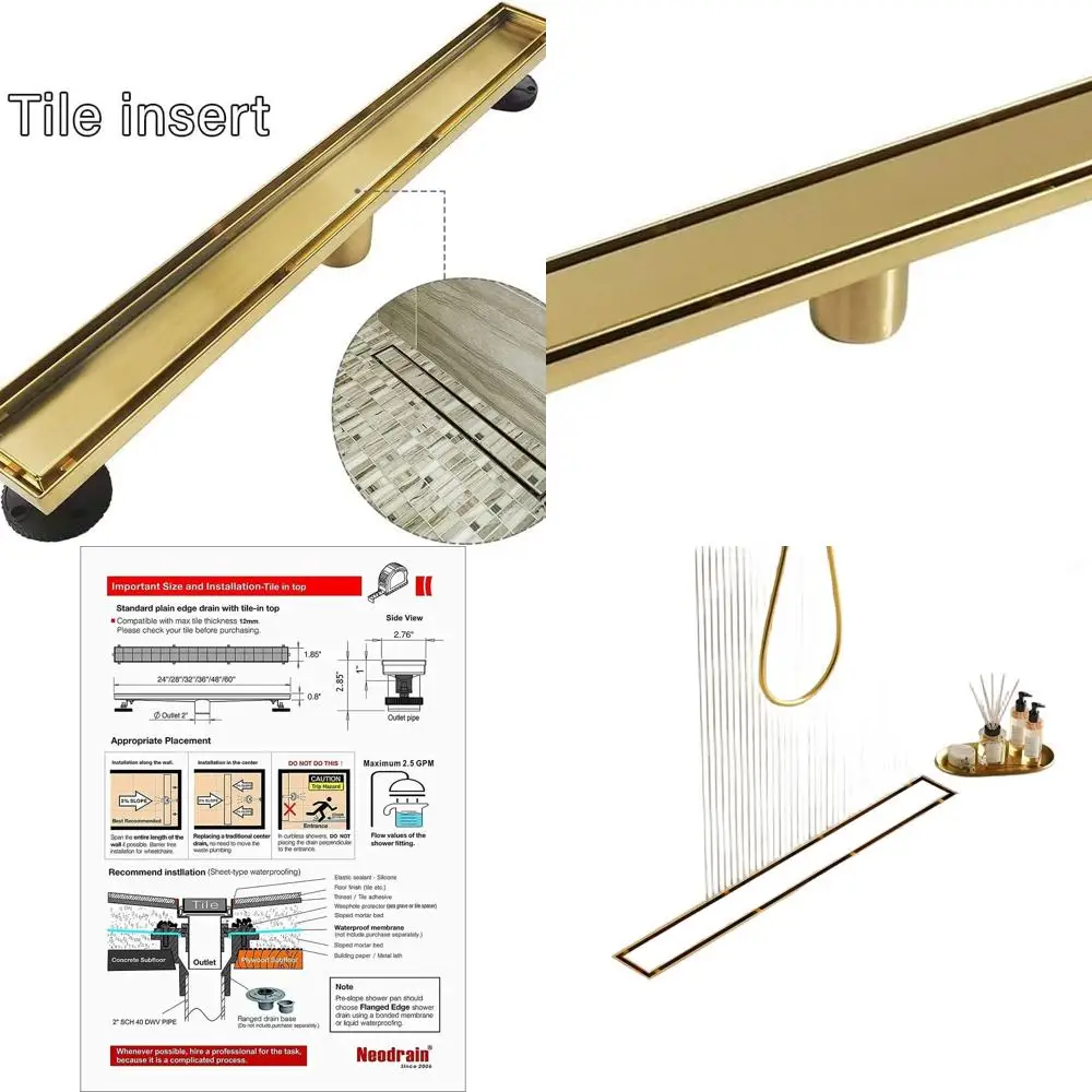 

32 Gold Linear Shower Drain with 2-in-1 Flat & Tile Cover, Stainless Steel, Brushed Brass, Hair Strainer Included, CUPC Certifie