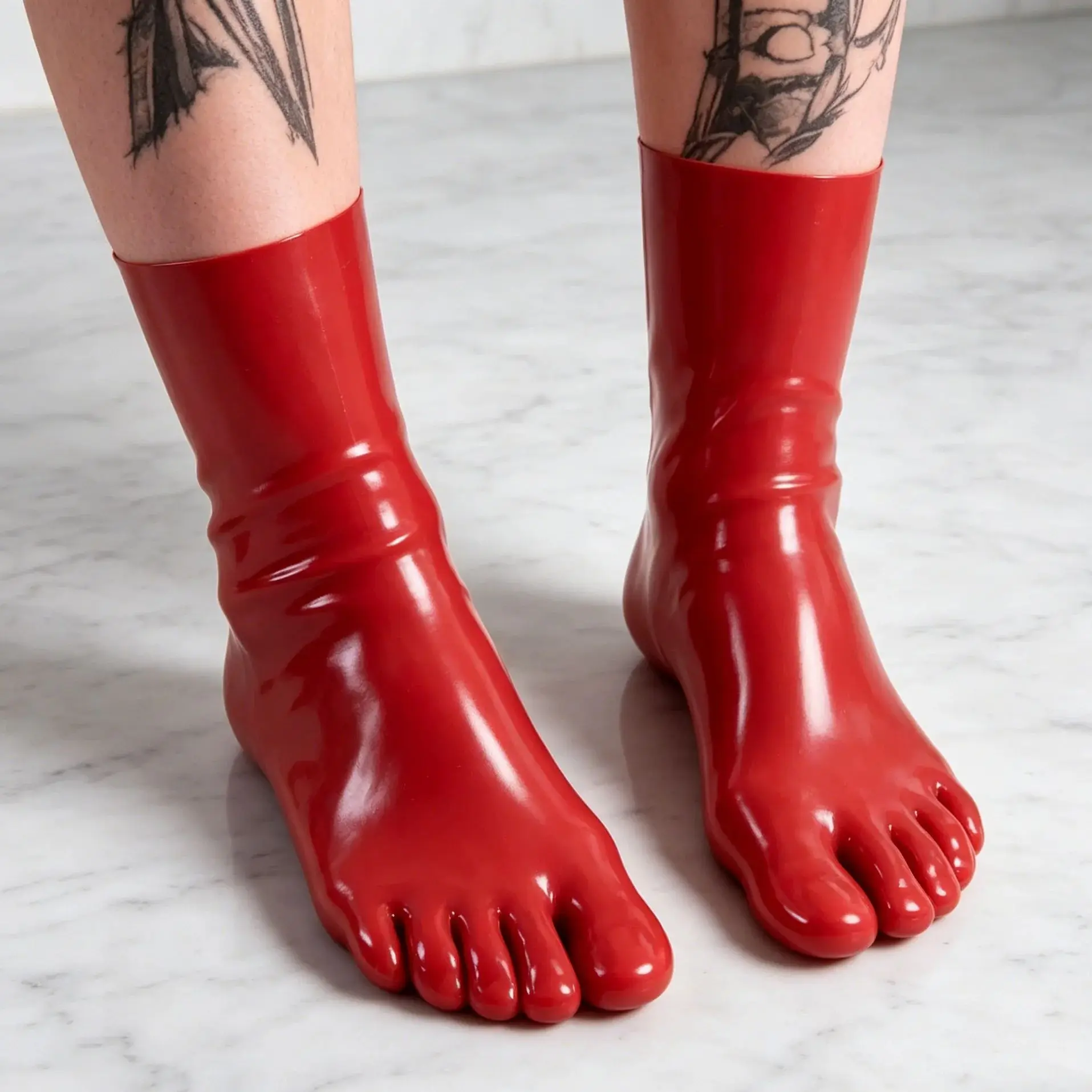 Calzini alla caviglia in lattice rosso lucido, calzini elastici in gomma a cinque dita per feste cosplay