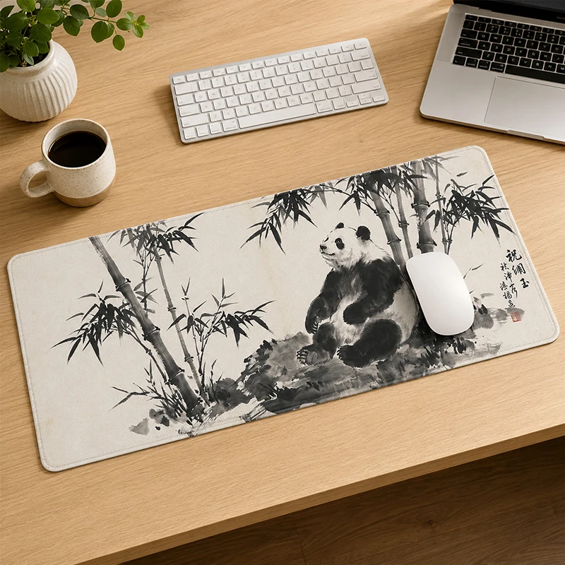 Mouse Pad Panda in Bamboo Ink Painting Gamer printon demand Computer Large Mousepad XXL Soft Non-Slip Natural Rubber Table Mat