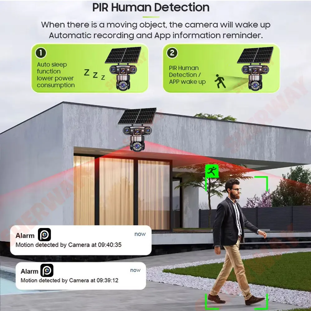10K 4G Solar Security IP Camera Outdoor 4 Lens 4 Screen 16X Zoom PIR Human Detection 360° PTZ Camera CCTV Wireless Surveillance
