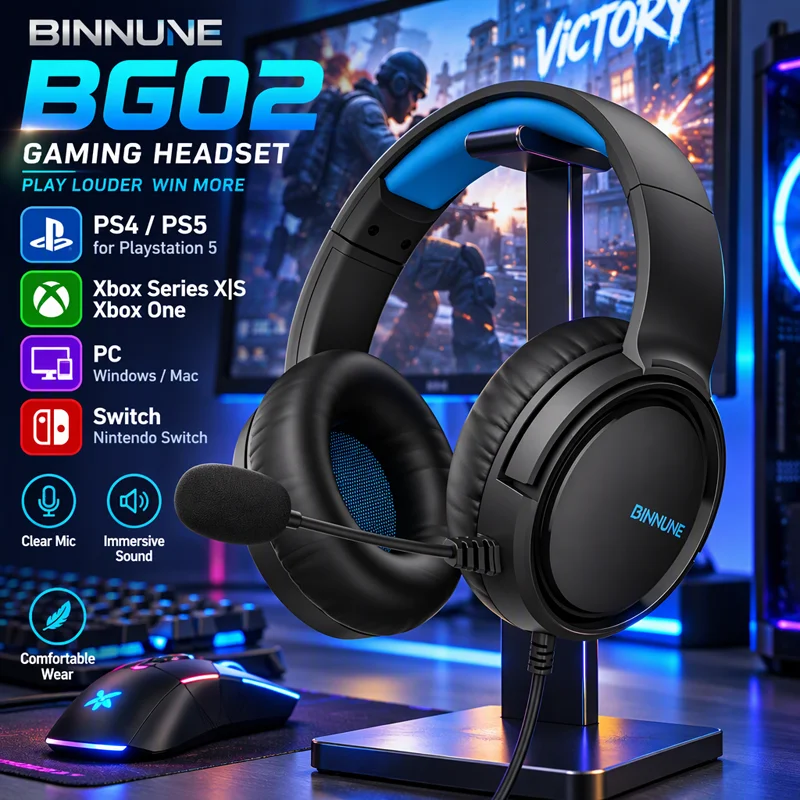 BINNUNE BG02 Headset Gamer com Fio Over-Ear com Microfone para PS4 PS5 Xbox Series X | Fones de Ouvido Estéreo Premium para Xbox One, PC e Switch Pro