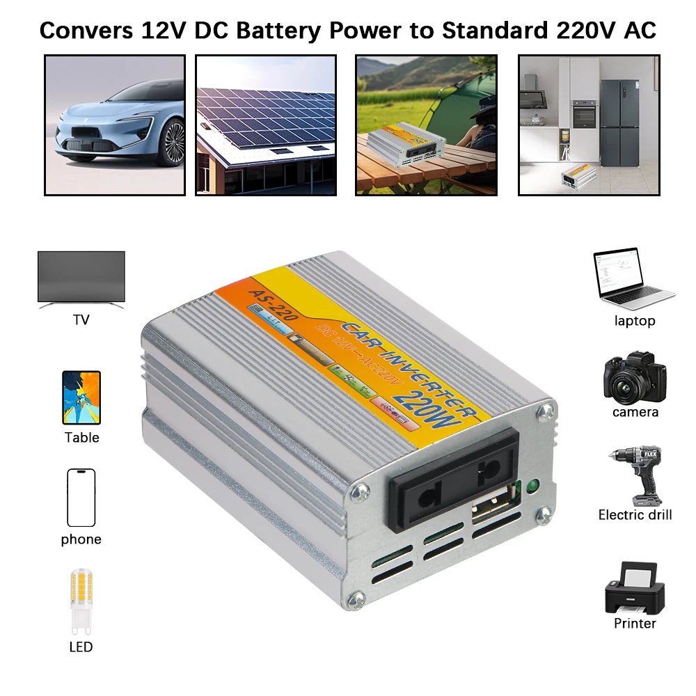 220W Power Inverter Car Mounted Solar Inverter DC 12V To AC 220V Conversion USB Battery Clip USB Voltage Transformer Portable