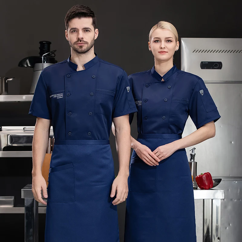 Pantalones cortos de Chef para hombre, chaqueta de manga corta, abrigo de Chef transpirable, uniforme de Chef negro para restaurante y cocina, delantal, ropa de trabajo con logotipo