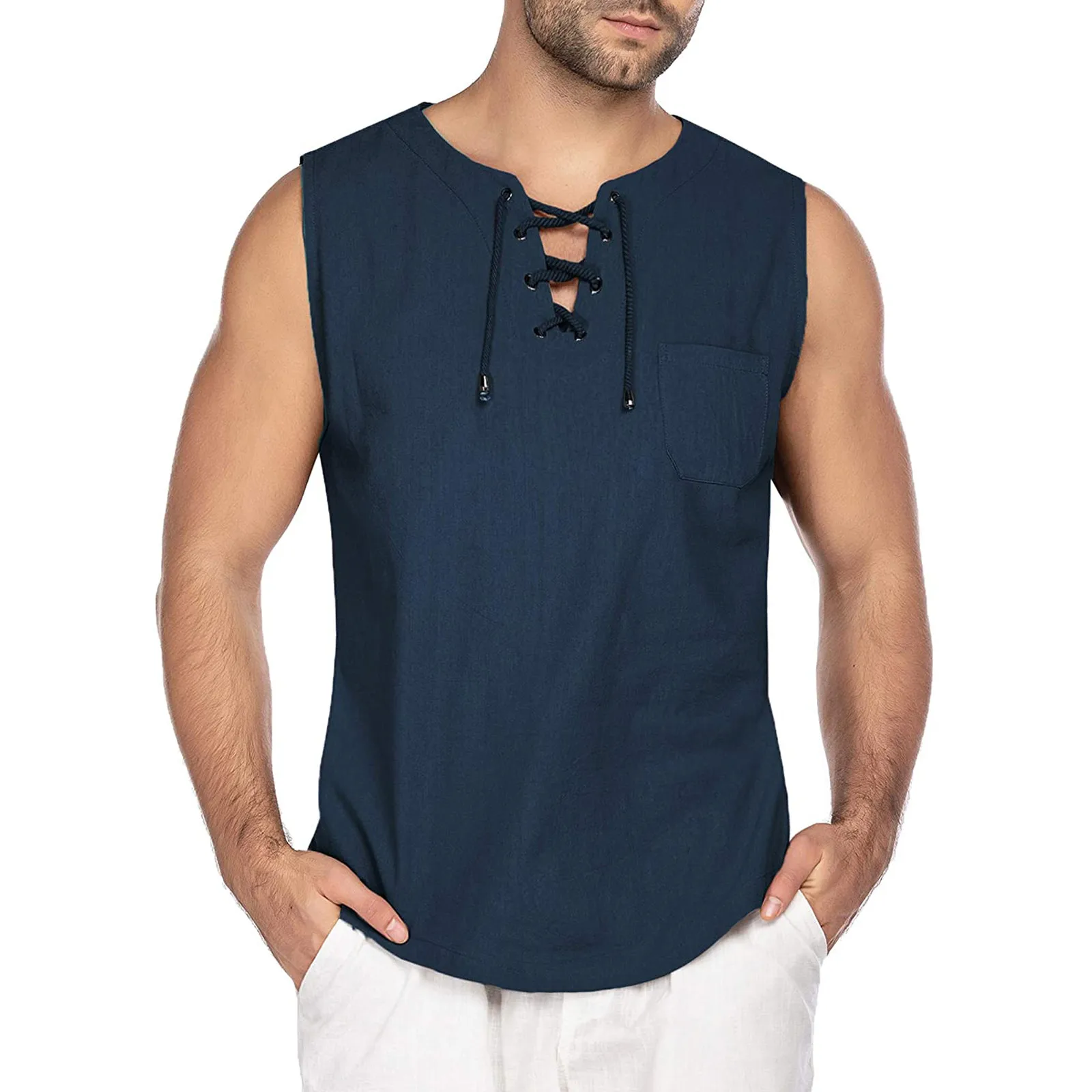 Cotton Linen Shirts Men's Casual Leeveless Vest Bandage Lace Up Blouse Retro V Neck Fashion Loose Shirt Male Solid Color Clothes