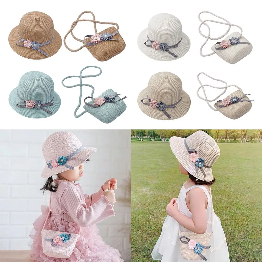 หมวกกันแดดดอกไม้ป้องกันรังสียูวีหมวกฟางกระเป๋าสะพายไหล่กันแดดระบายอากาศได้ดีหมวกฟางชาวประมงฤดูใบไม้ผลิฤดูร้อน